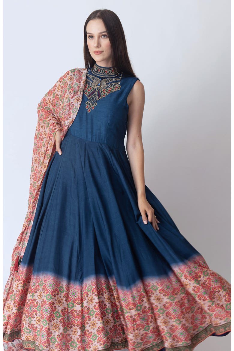 Myka Embroidered High Neck Gown, Main, color, Blue