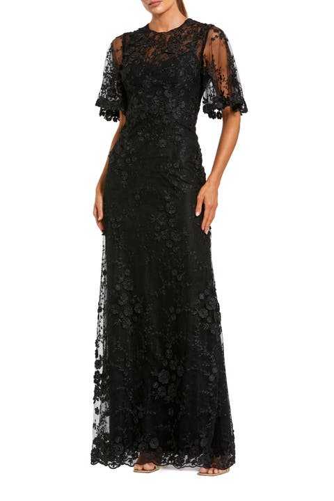 Women's Flutter Sleeve Floral Emboridered Net Gown