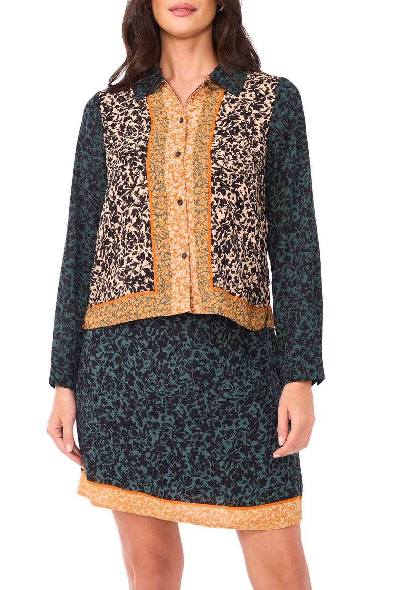 Mixed Print Long Sleeve Button-Up Shirt, Main, color, DEEP FOREST