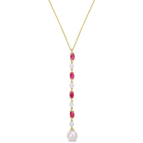 Ruby Cultured Pearl Diamond Lariat Necklace 10k