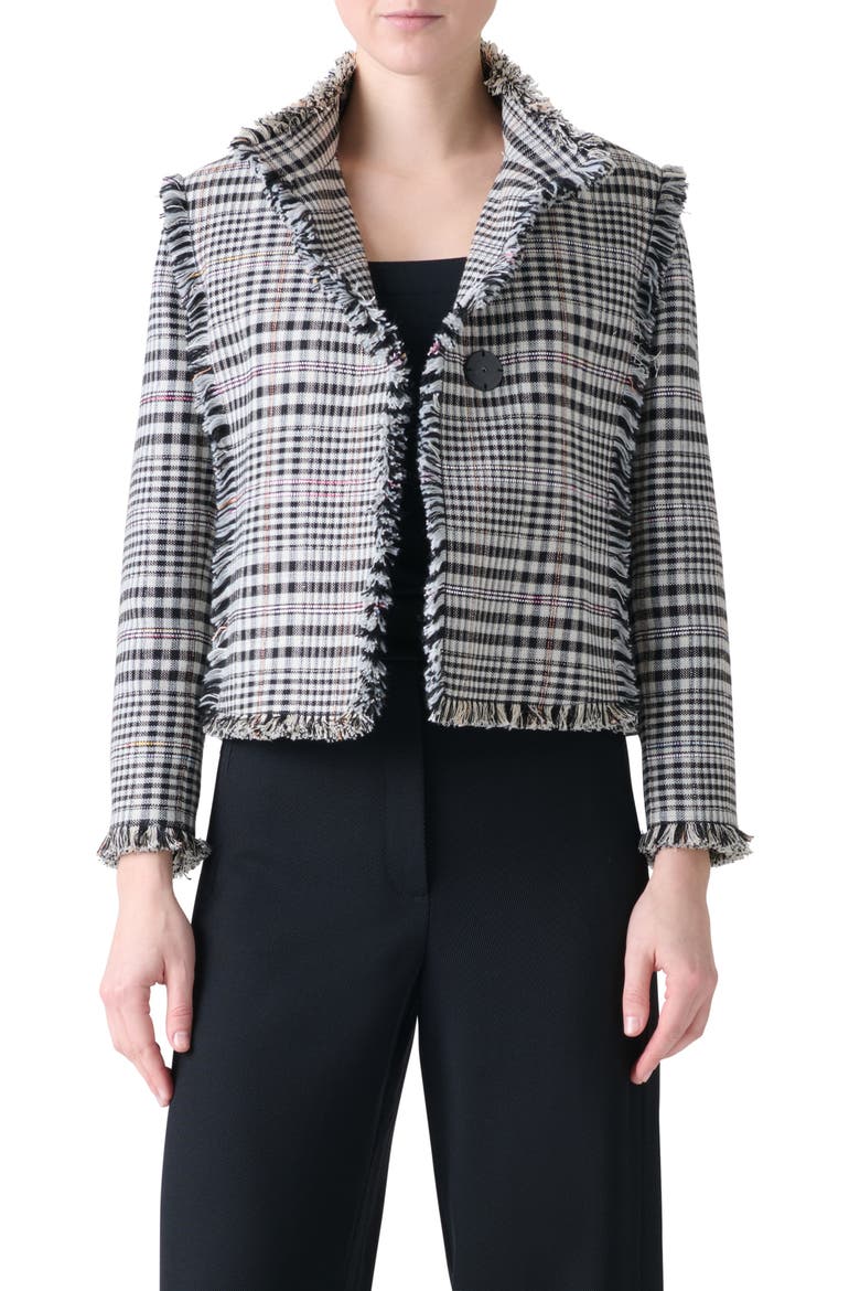 Check Fringe Trim Crop Jacket, Main, color, CREAM-BLACK