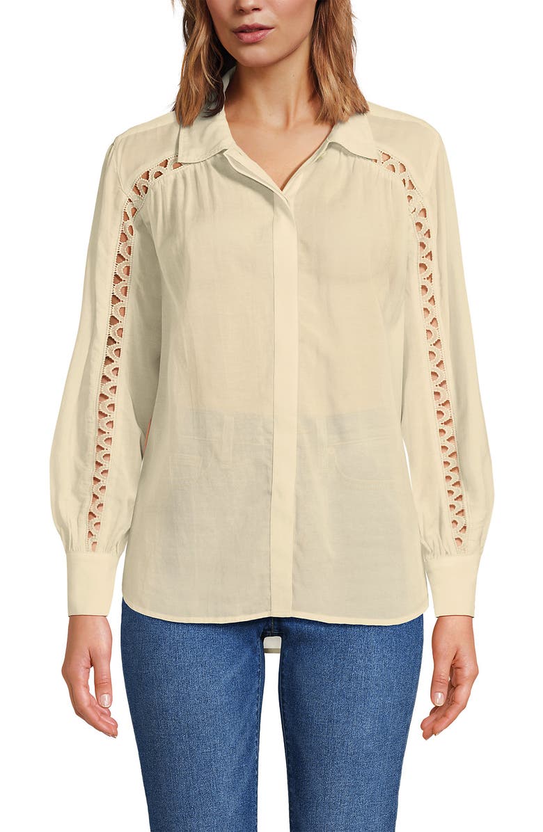 Lands' End Voile Shirred Trim Insert Shirt, Main, color, Dried Bamboo