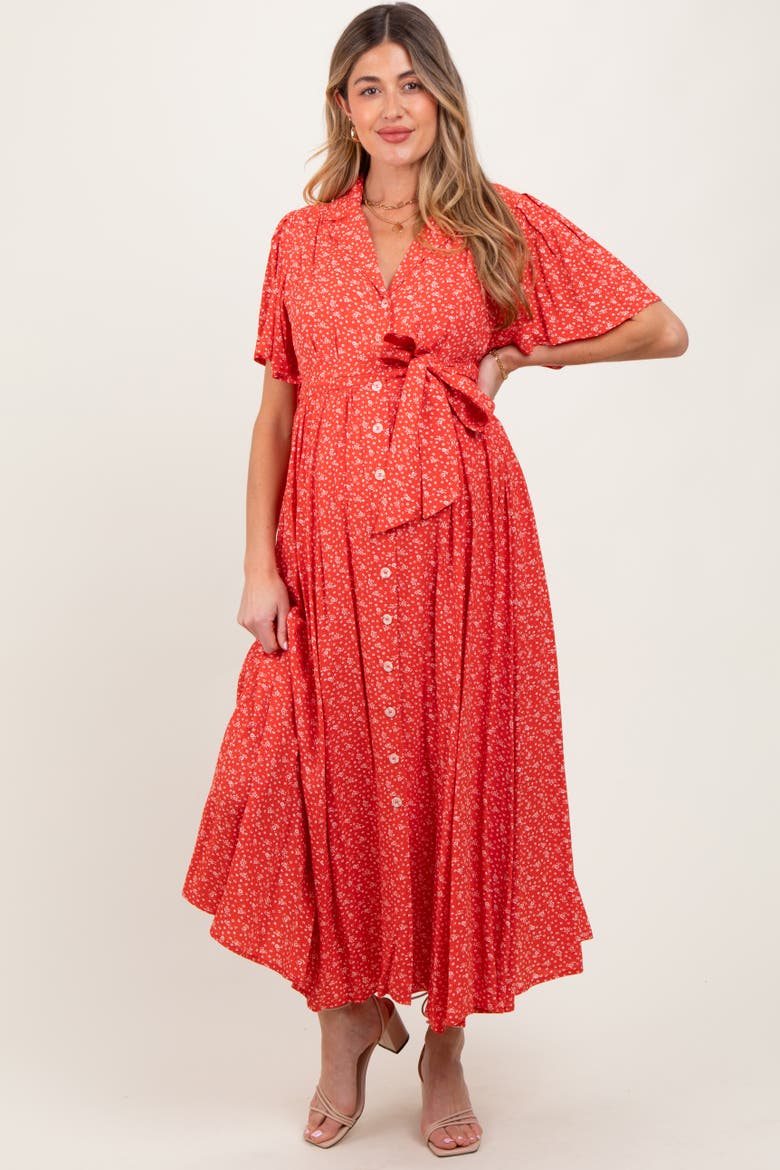Flutter Sleeve Button Down Maxi Dress, Alternate, color, Red
