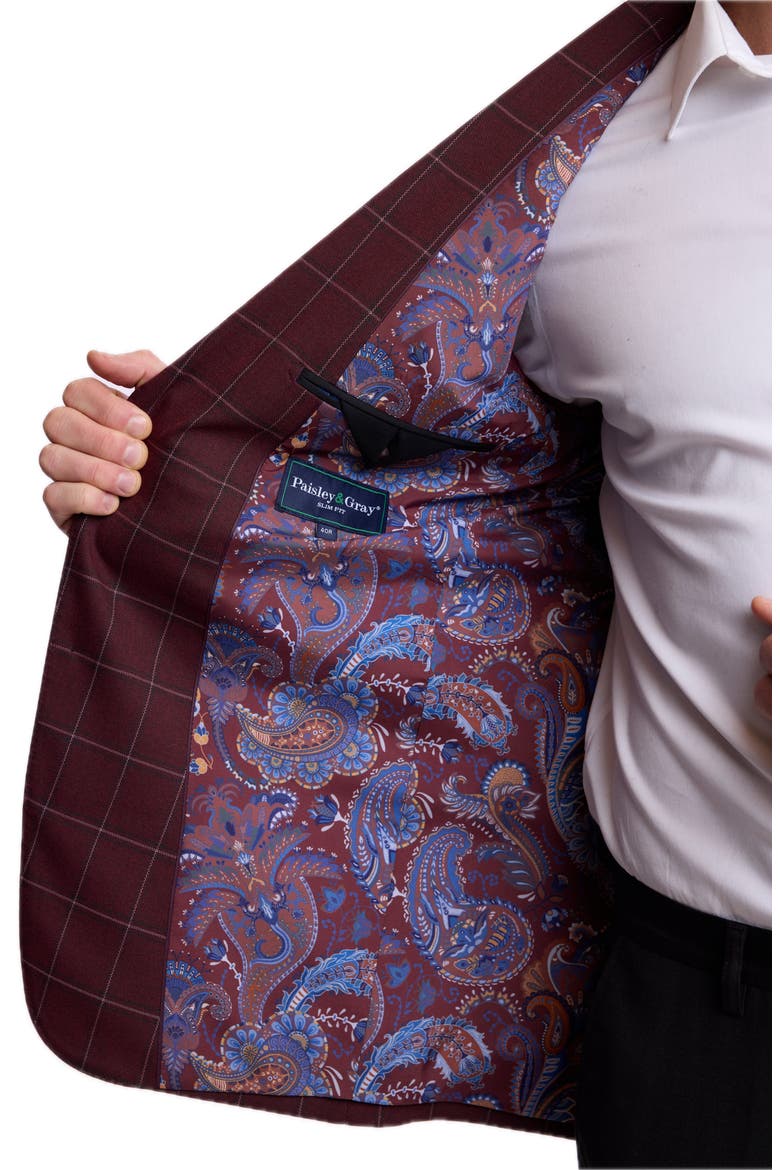 Ashton Slim Fit Peak Lapel Suit Jacket, Alternate, color, DARK BURGUNDY WINDOWPANE