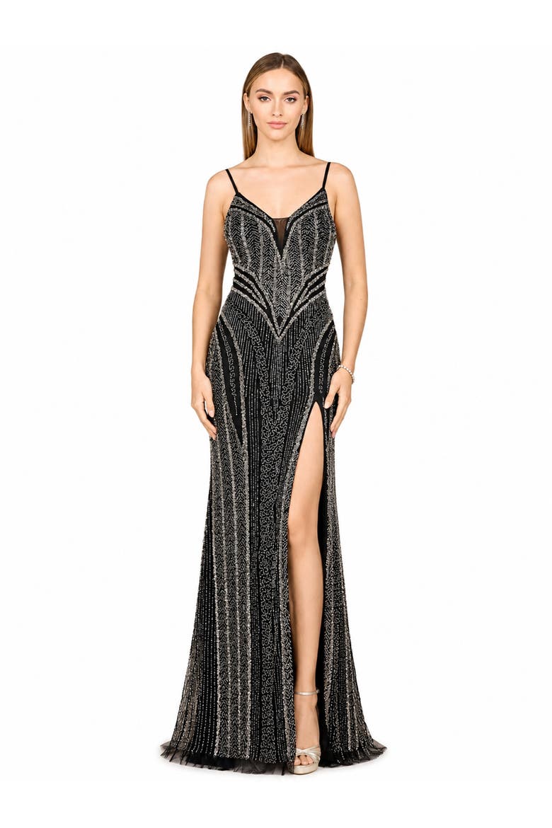Spaghetti Strap Beaded Gown with Slit, Alternate, color, Black