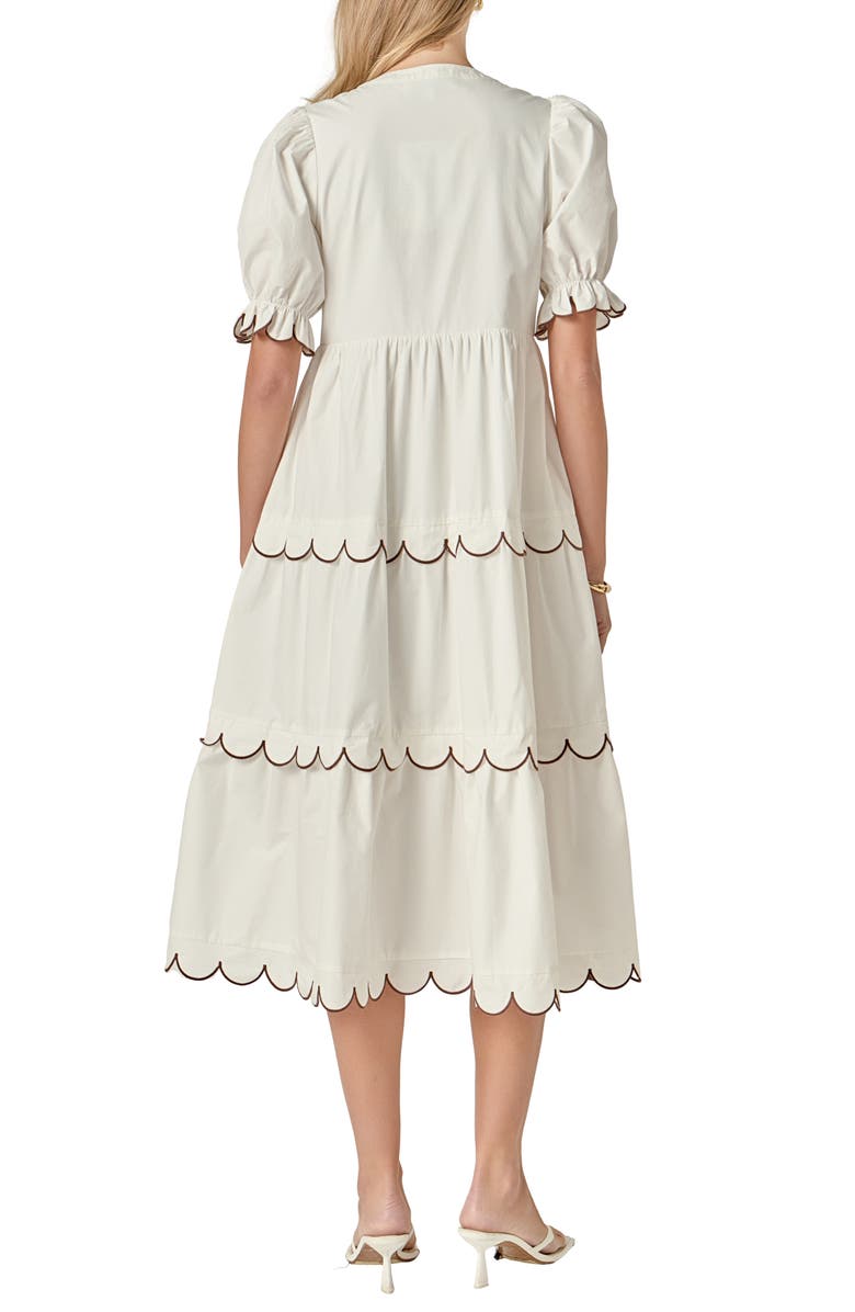 English Factory Contrast Scalloped Trim Cotton Midi Dress, Alternate, color, Cream/ Brown