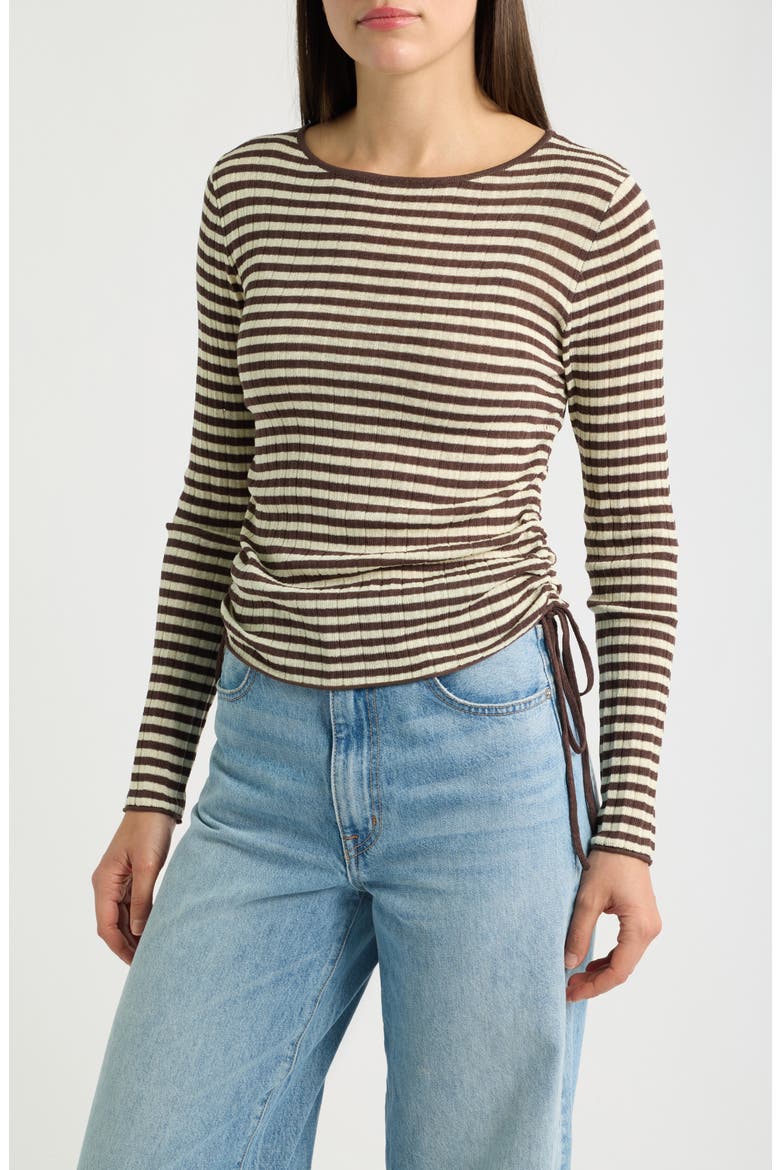 Stripe Drawstring Ruched Rib Top, Main, color, BROWN