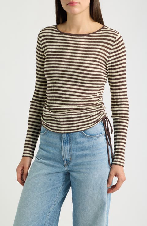 Stripe Drawstring Ruched Rib Top