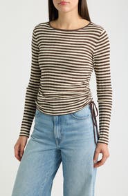 24Colours Stripe Drawstring Ruched Rib Top