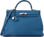 Pre-Owned Hermes Kelly Handbag Blue Togo with Palladium Hardware 35