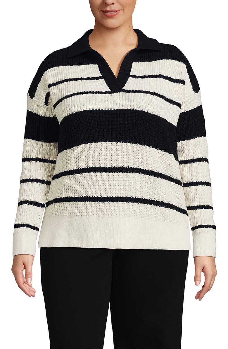 Lands' End Plus Size Cotton Boucle Johnny Collar Shaker Pullover, Main, color, Ivory/Black Stripe
