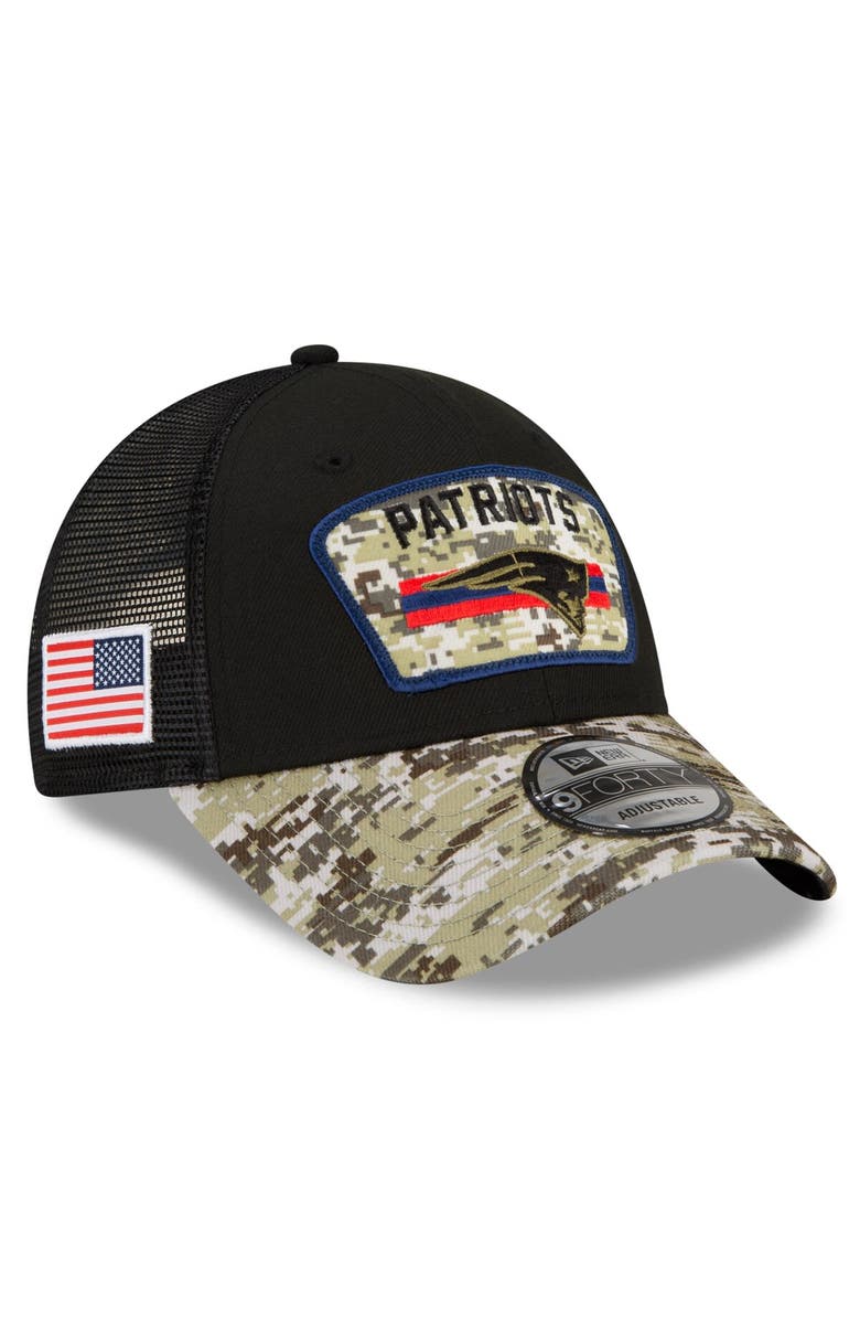 New Era Men's New Era Black/Camo New England Patriots 2021 Salute To Service Trucker 9FORTY Snapback Adjustable Hat, Main, color, 