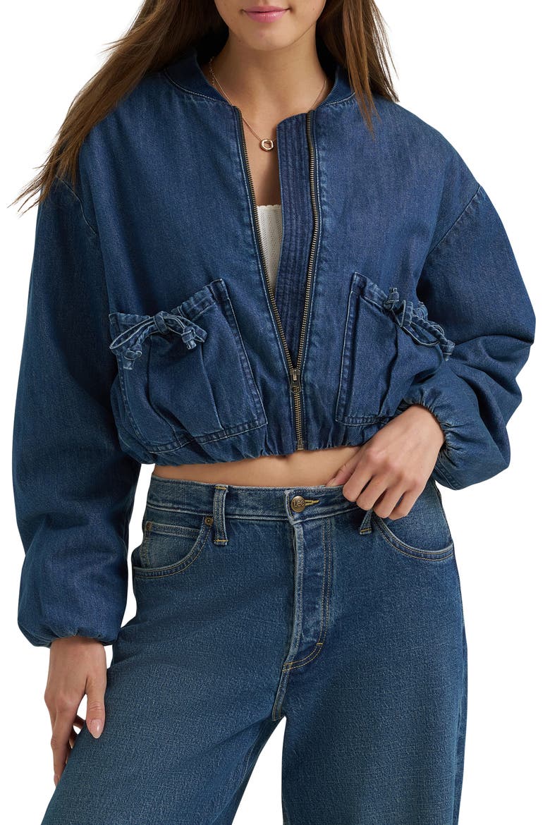 Oversize Bubble Hem Denim Bomber Jacket, Main, color, MID PACIFIC