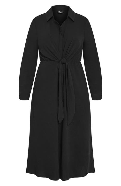 City Chic Chancery Lane Tie Waist Long Sleeve Midi Shirtdress In Black