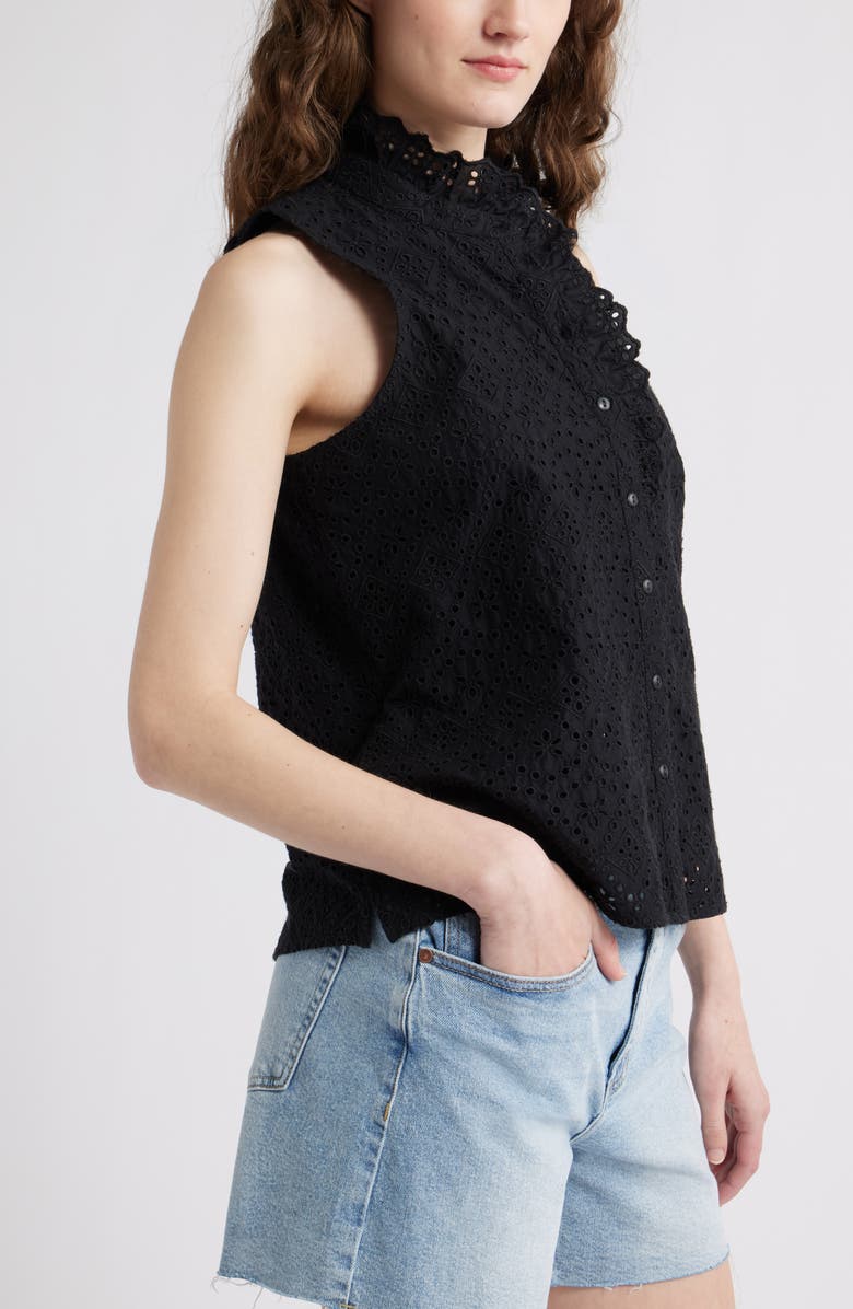 Caslon<sup>®</sup> Ruffle Eyelet Sleeveless Button-Up Shirt, Alternate, color, Black