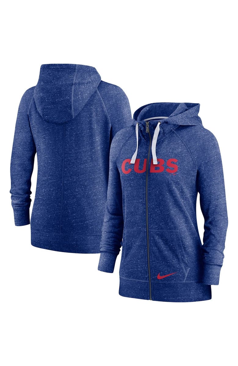Nike Women's Nike Heathered Royal Chicago Cubs Wordmark Gym Vintage Raglan Full-Zip Hoodie, Main, color, Heather Royal