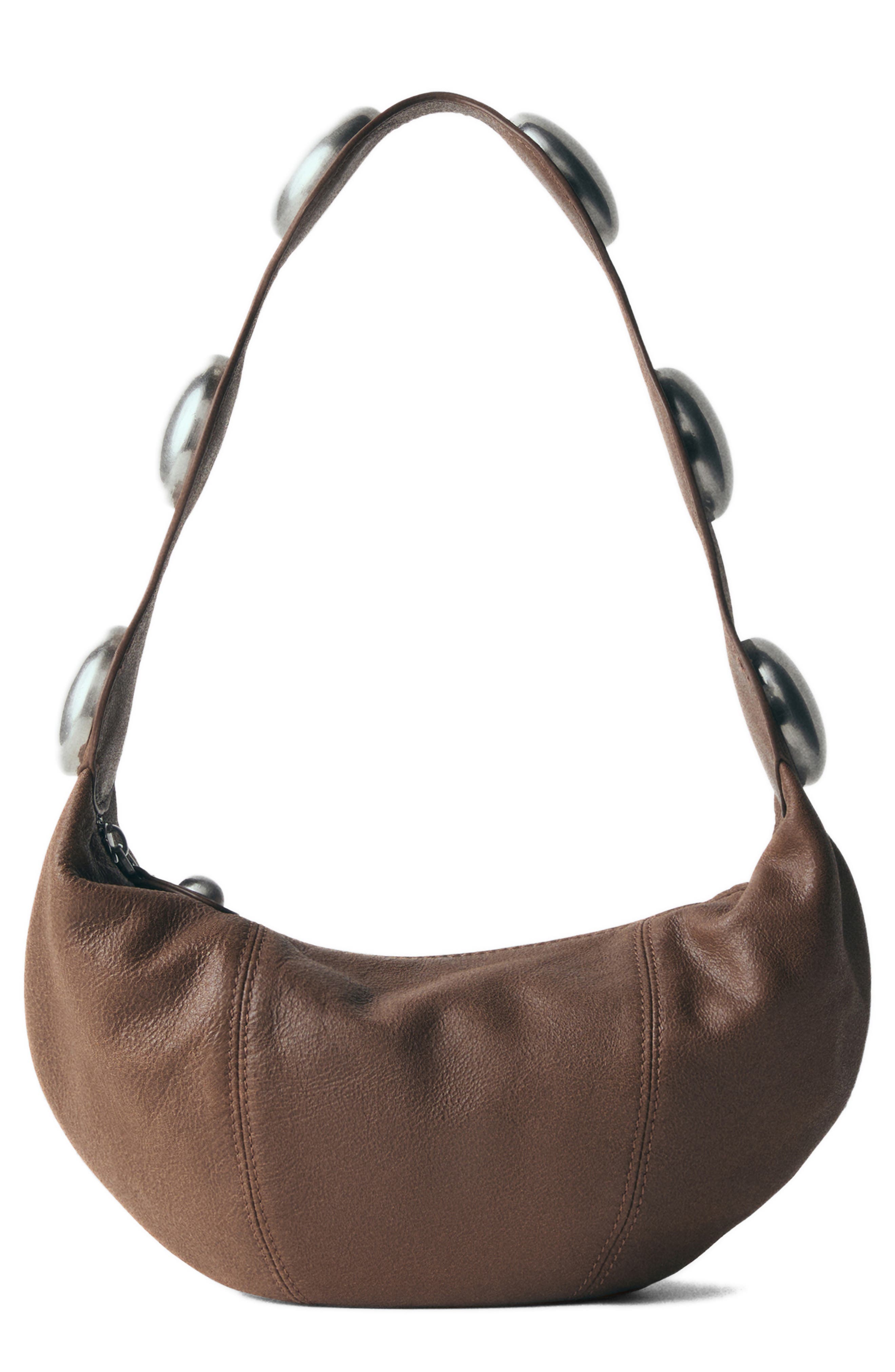 MANGO Studded Leather Hobo Bag, Main, color, 