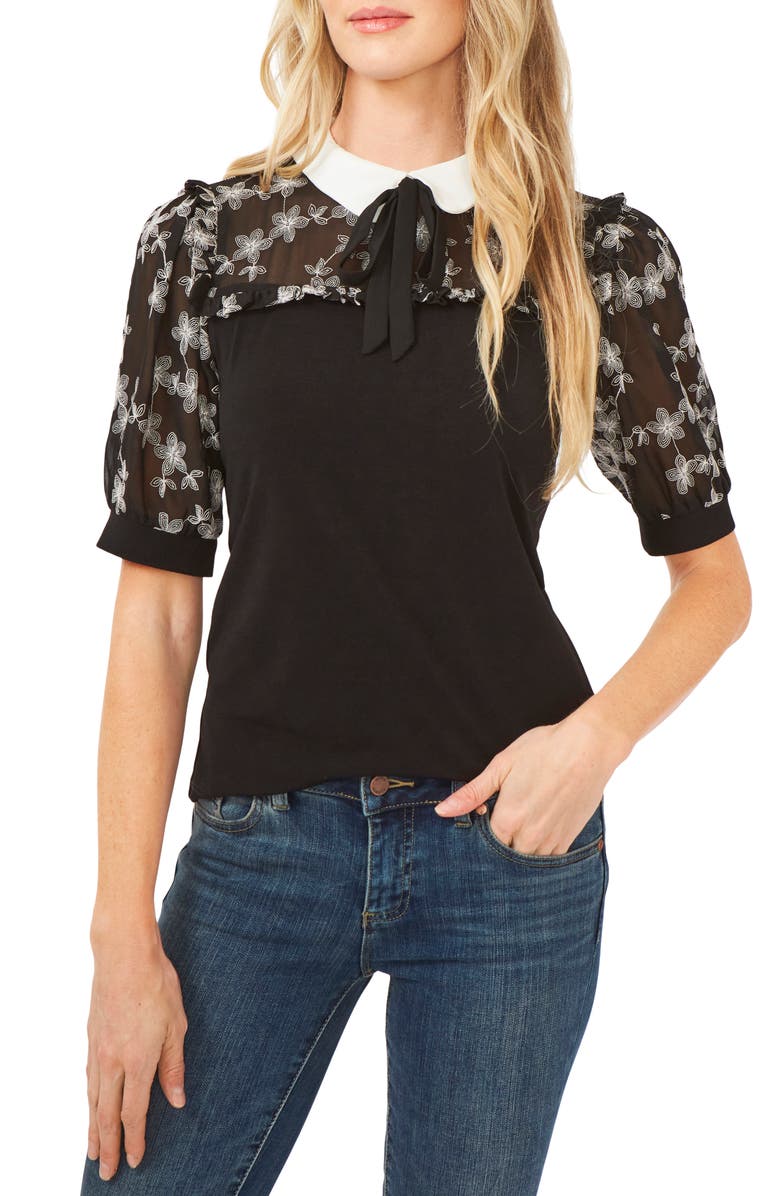CeCe Mixed Media Tie Neck Top, Main, color, 