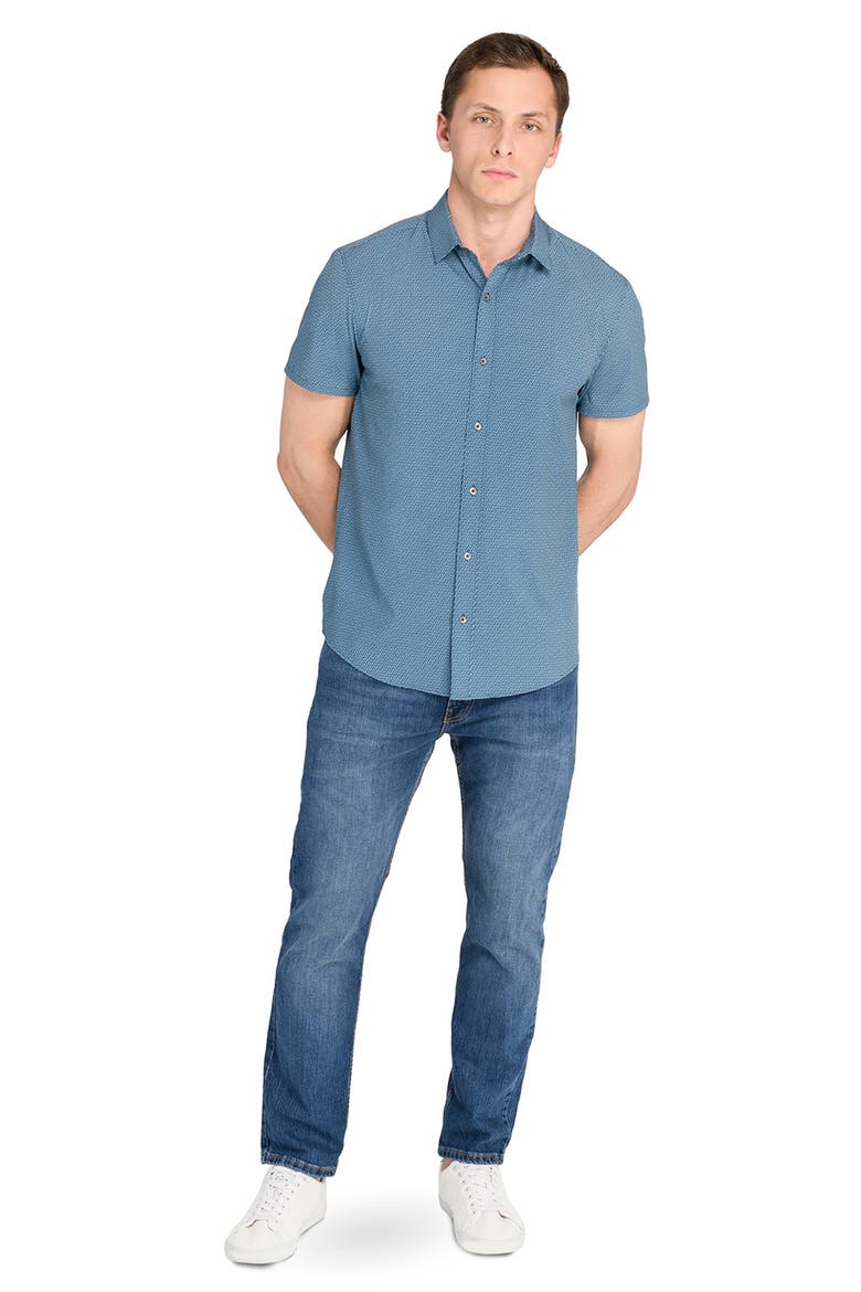 Trim Fit Hexagon Print Short Sleeve Performance Button-Up Shirt, Alternate, color, TEAL