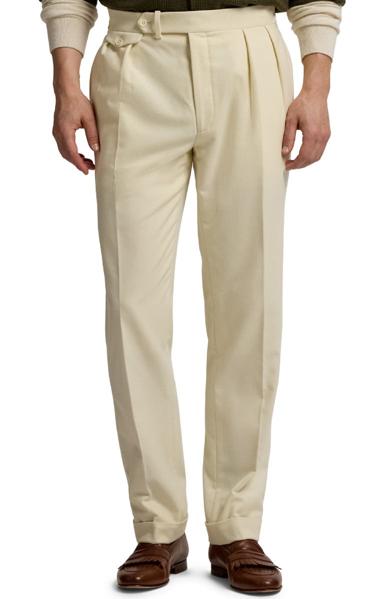 Ralph Lauren Purple Label Pleated Cream Wool Flannel Trousers, Main, color, Cream