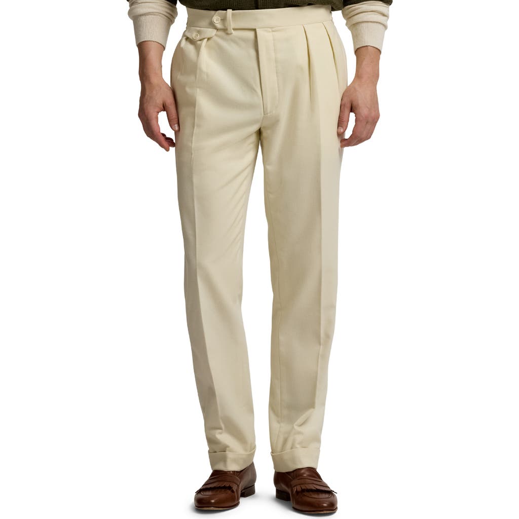 Ralph Lauren Purple Label Pleated Cream Wool Flannel Trousers In Neutral