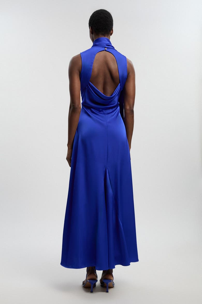 Satin Cowl Neck Scarf Fringe Maxi Dress, Alternate, color, Cobalt