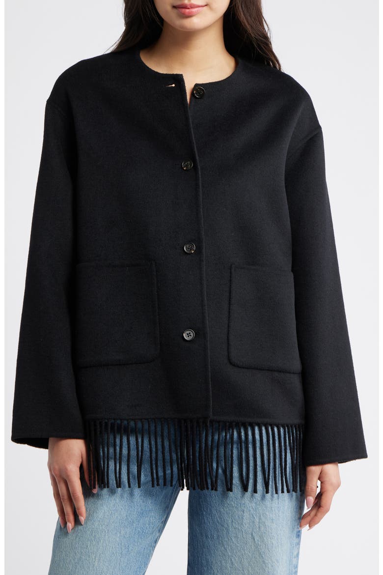 Tomoko Frige Trim Wool Blend Jacket, Alternate, color, BLACK