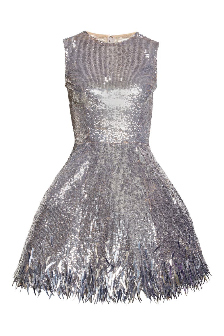 Sequin & Fringe Skater Dress, Alternate, color, SILVER