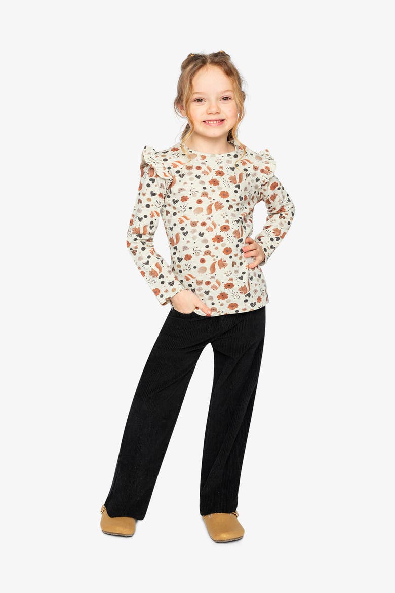 Organic Cotton Squirrel Ruffle Shoulder Long Sleeve T-Shirt, Alternate, color, Beige with Squirrel Print