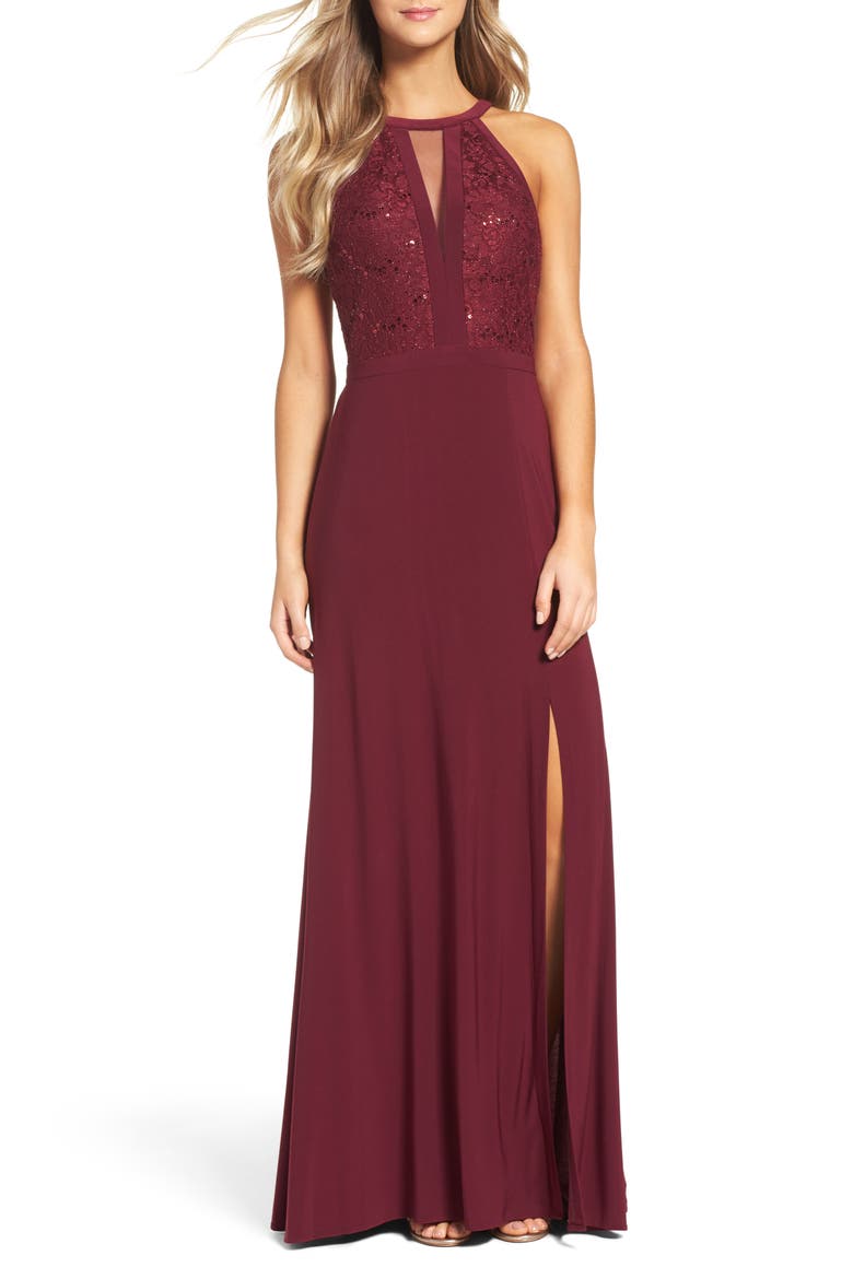 Lace & Jersey A-Line Gown, Main, color, MERLOT