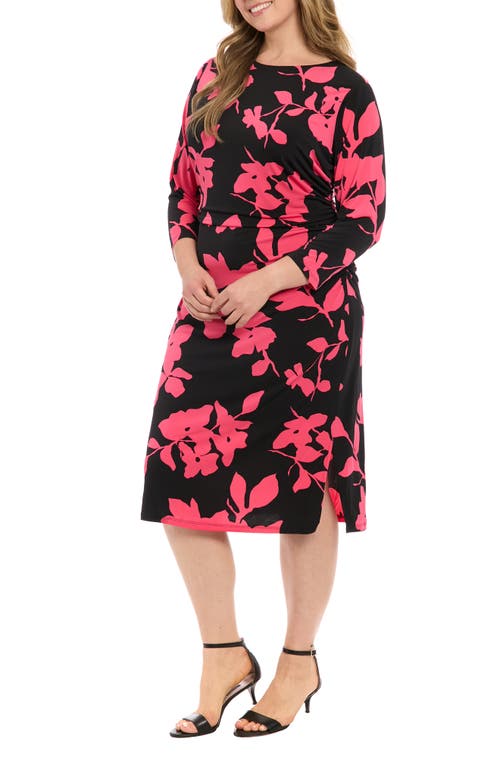 London Times Ruched Long Sleeve Midi Dress In Black/berry