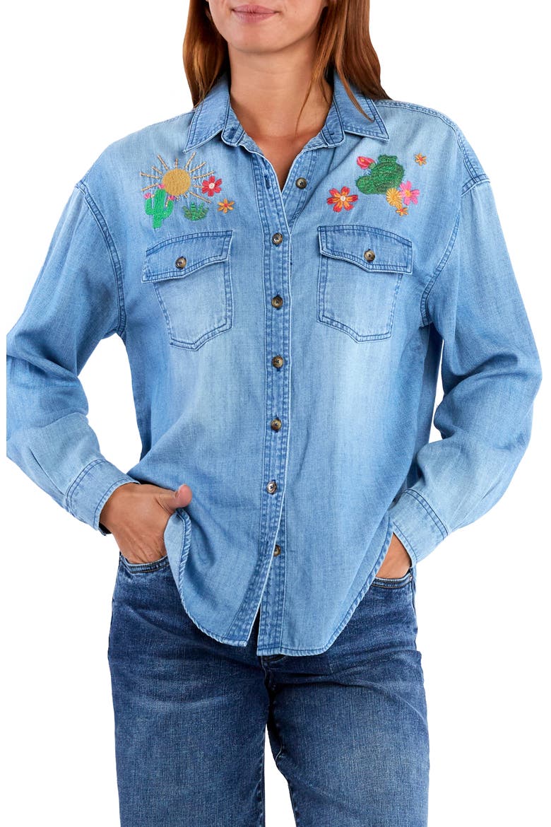 Wild Cactus Embrodiered Denim Button-Up Shirt, Main, color, DENIM