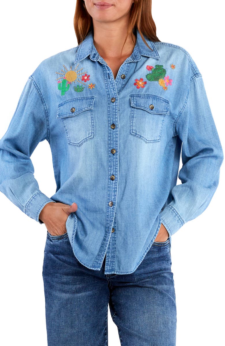 Billy T Wild Cactus Embrodiered Denim Button-Up Shirt, Main, color,