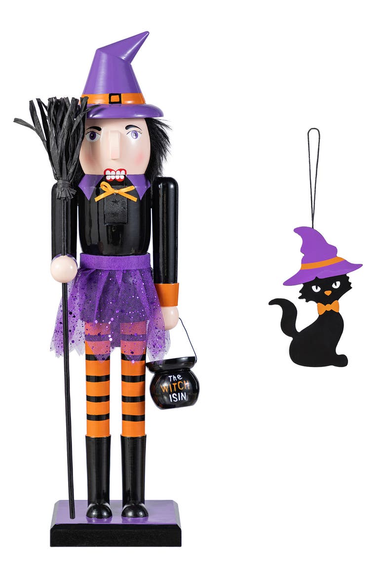 Halloween Wooden Witch Nutcracker with Witch Cat Ornament, Main, color, Purple