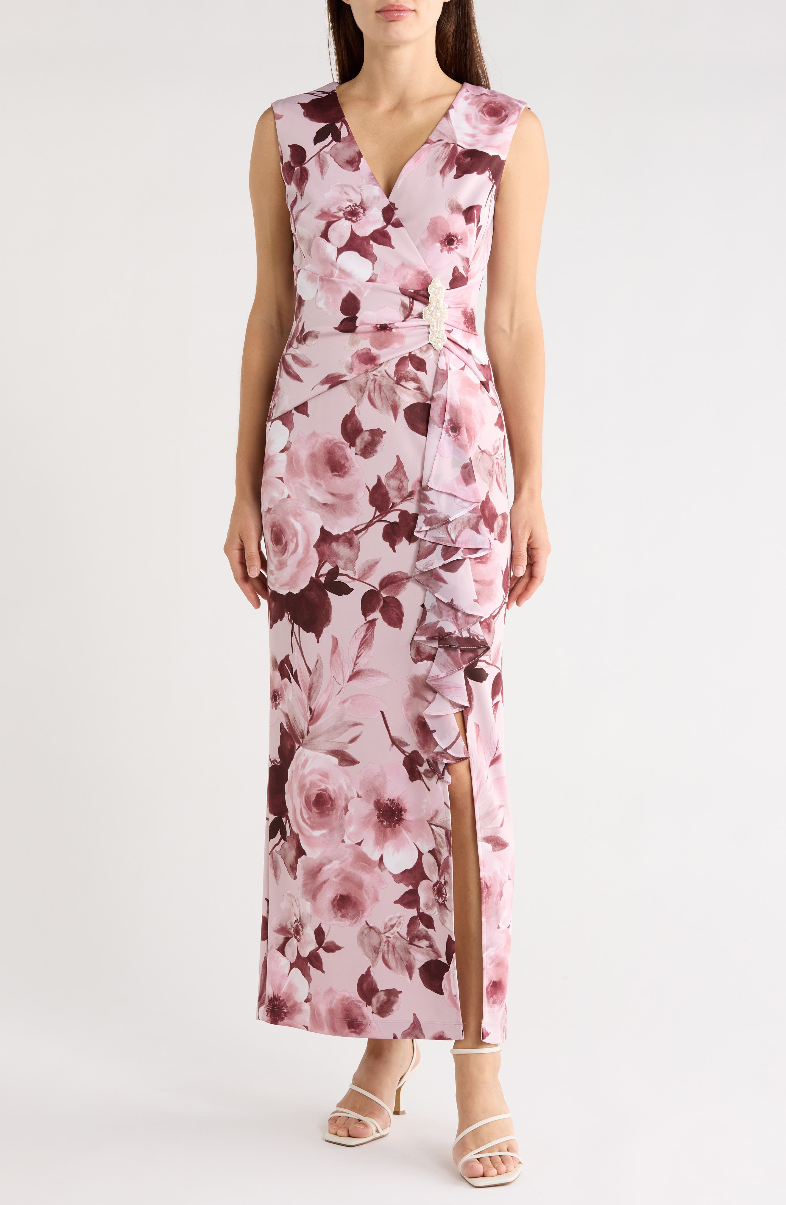 Connected Apparel Floral Gathered Waist Maxi Dress