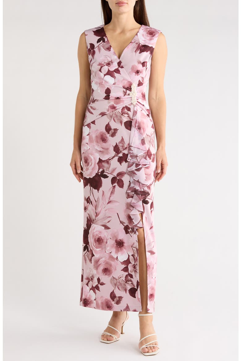 Floral Gathered Waist Maxi Dress, Main, color, MAUVE/ ROSEWOOD