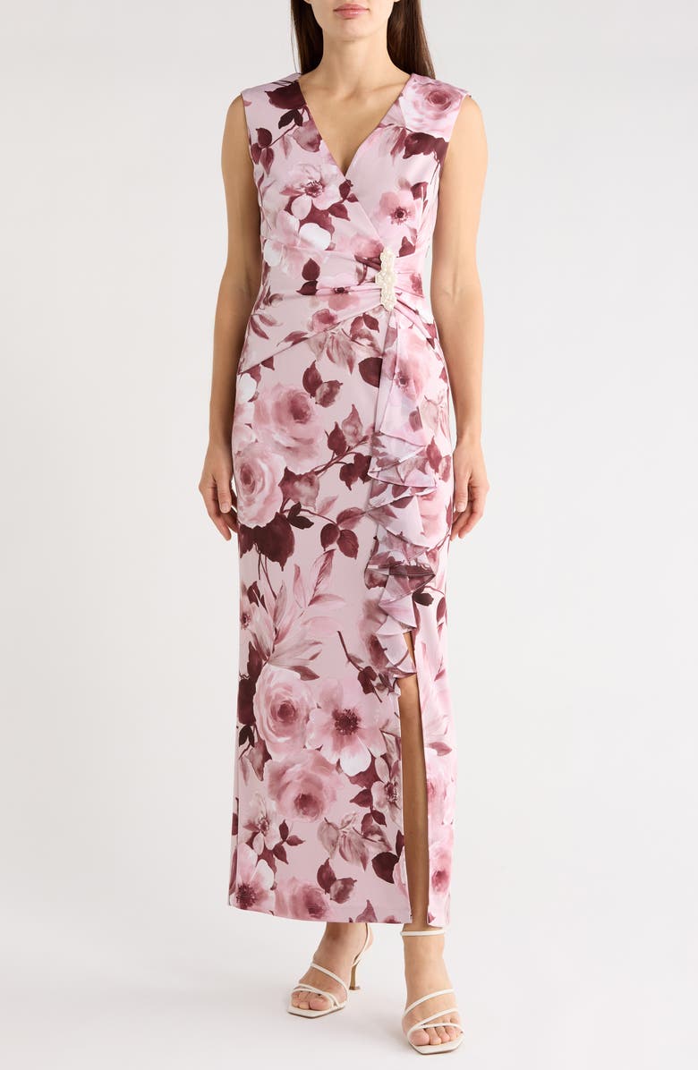 Connected Apparel Floral Gathered Waist Maxi Dress, Main, color, Mauve/ Rosewood