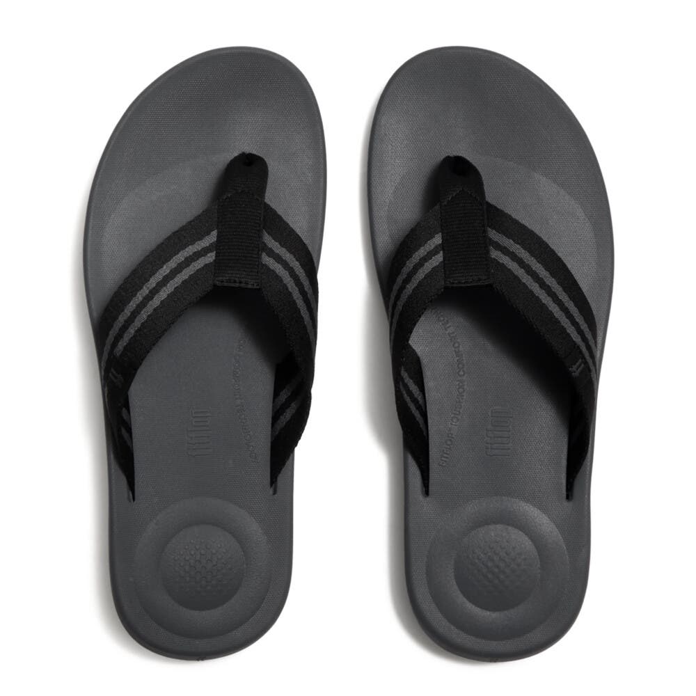 FitFlop Iqushion Mens Two-Stripe Webbing Flip-Flops, Alternate, color, Black/Charcoal