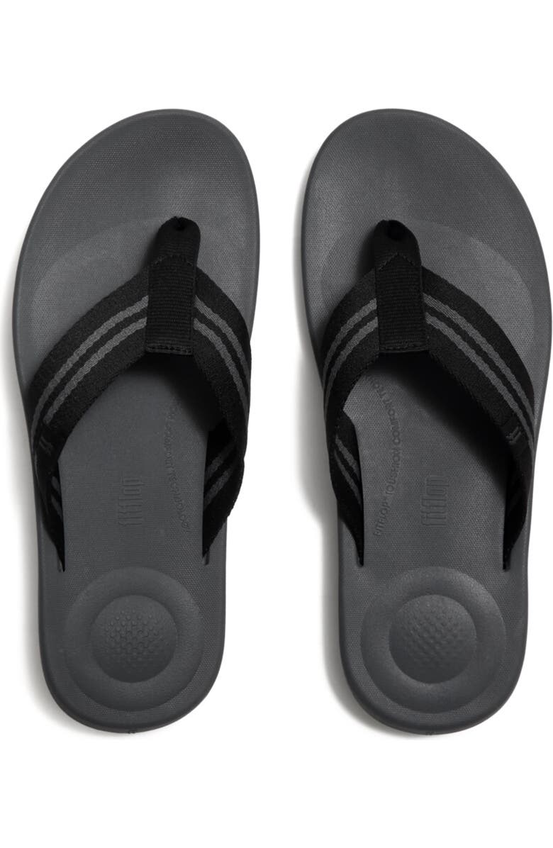 FitFlop Iqushion Mens Two-Stripe Webbing Flip-Flops, Alternate, color, Black/Charcoal