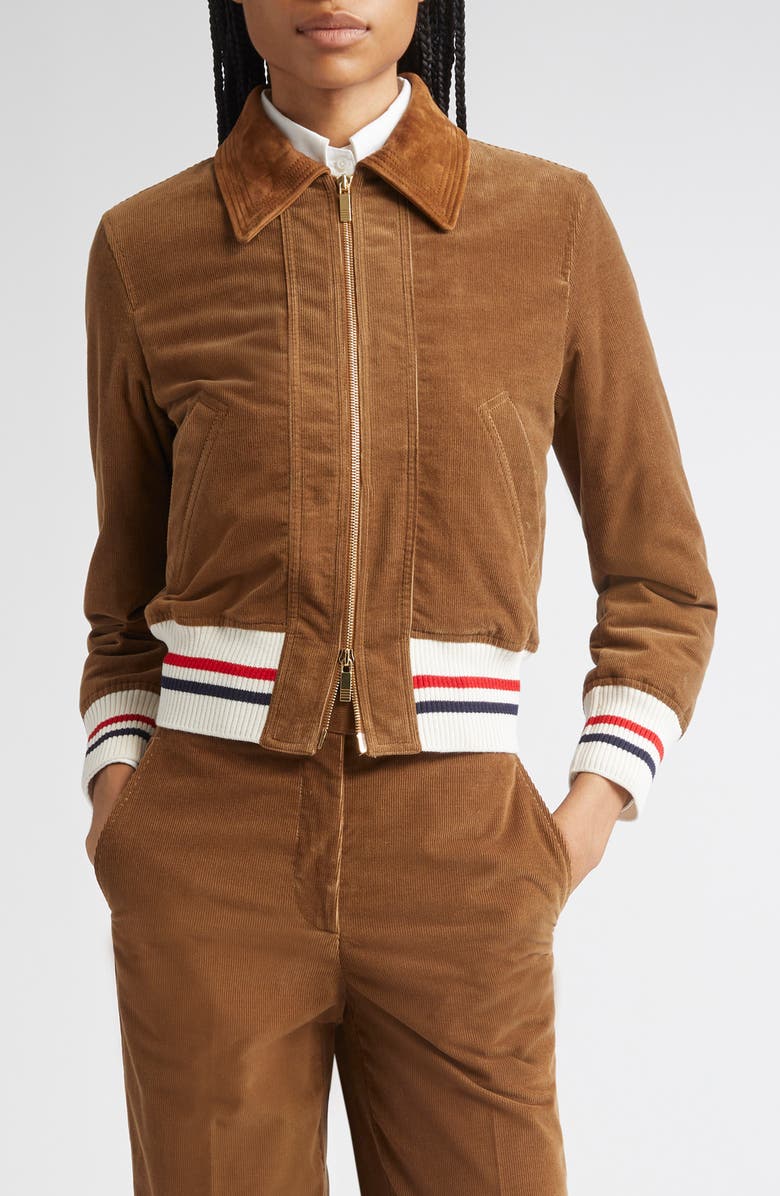 Thom Browne Corduroy Crop Down Bomber Jacket, Main, color, Brown