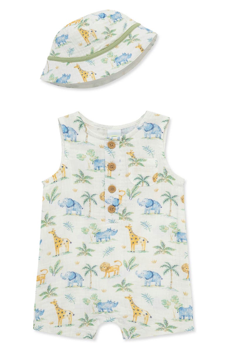 Little Me Jungle Romper & Hat Set, Main, color, White Multi