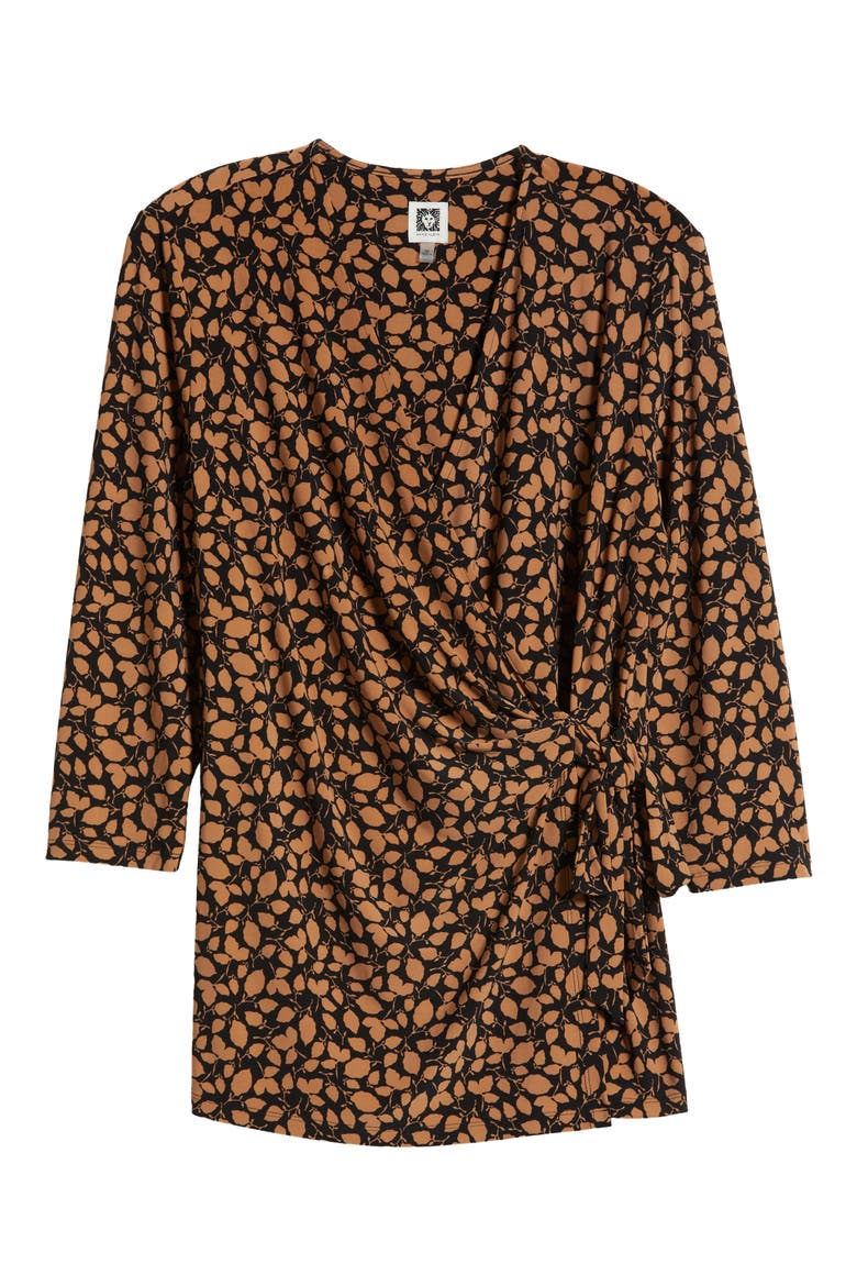 Leaf Print Faux Wrap Top, Alternate, color, ANNE BLACK/ VICUNA