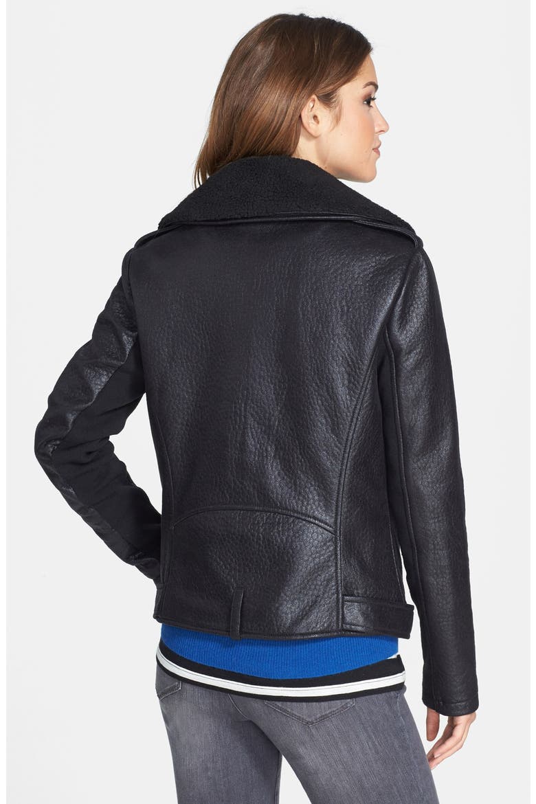 Faux Leather Moto Jacket with Faux Shearling Trim, Alternate, color, BLACK
