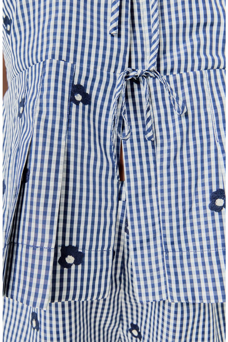 Bow Detail Gingham Embroidered Peplum Top, Alternate, color, NAVY