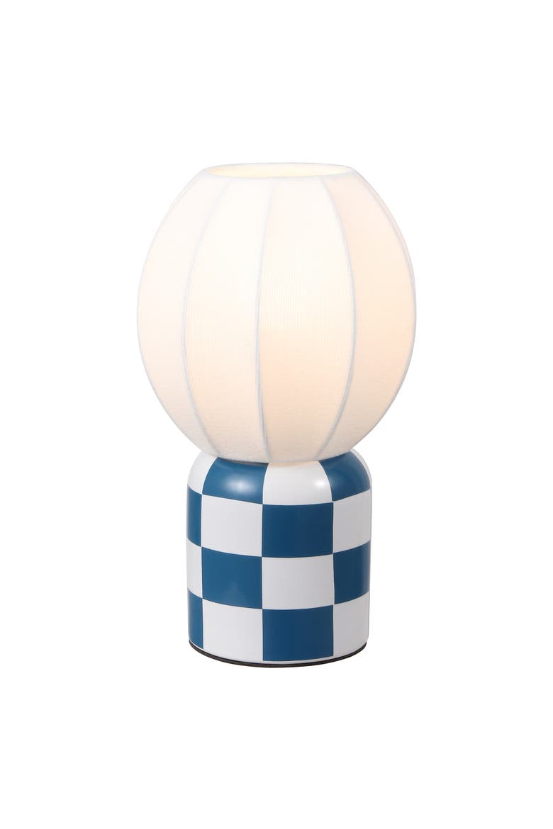 Valarie Contemporary Modern Checkerboard Ceramic with Ribbed Cocoon Globe Shade LED Mini Table Lamp, Main, color, Navy/White