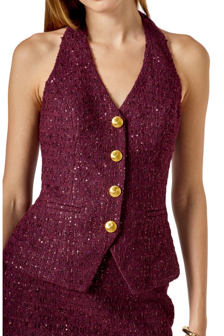 Halter Tweed Button Vest, Alternate, color, MERLOT