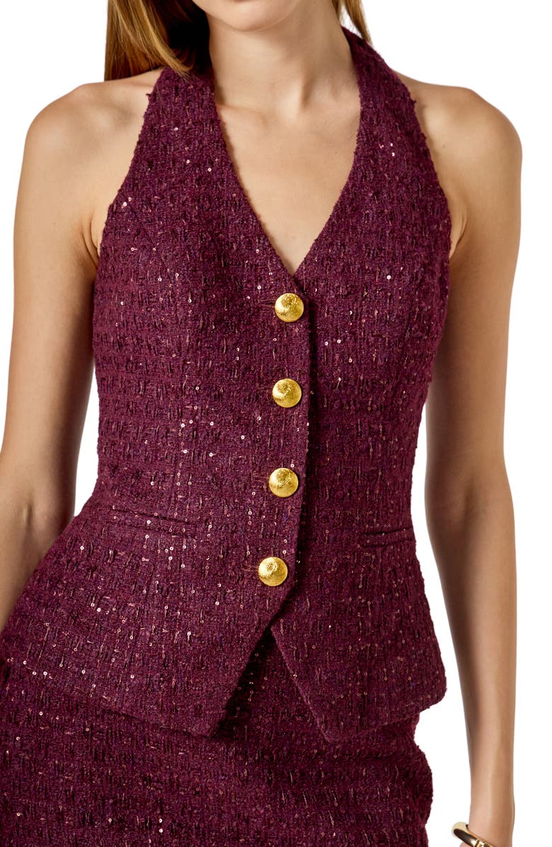 Endless Rose Halter Tweed Button Vest, Alternate, color, Merlot