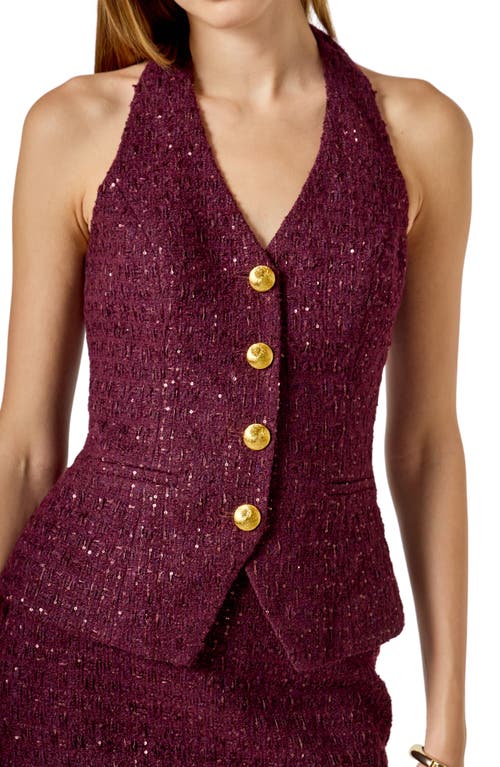 Endless Rose Halter Tweed Button Vest In Burgundy
