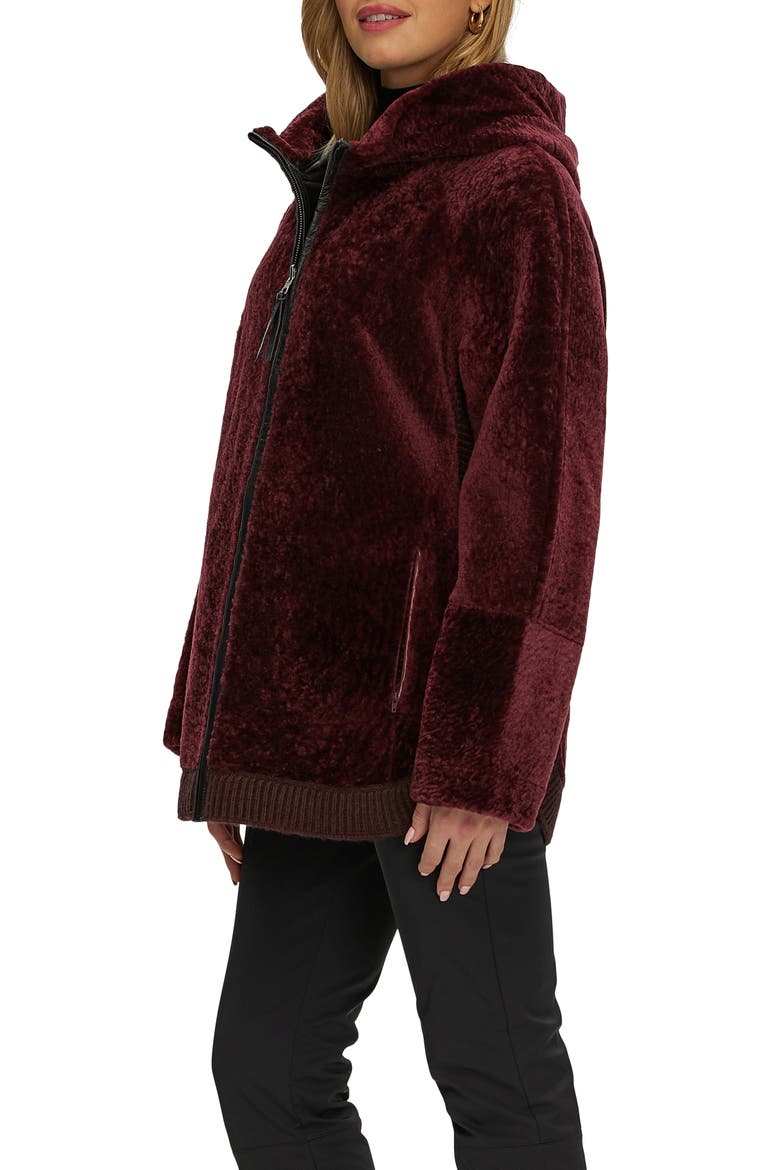 Reversible Textured Genuine Shearling Lamb Zip Parka with Ribbed Hem, Alternate, color, BURGUNDY/BLACK