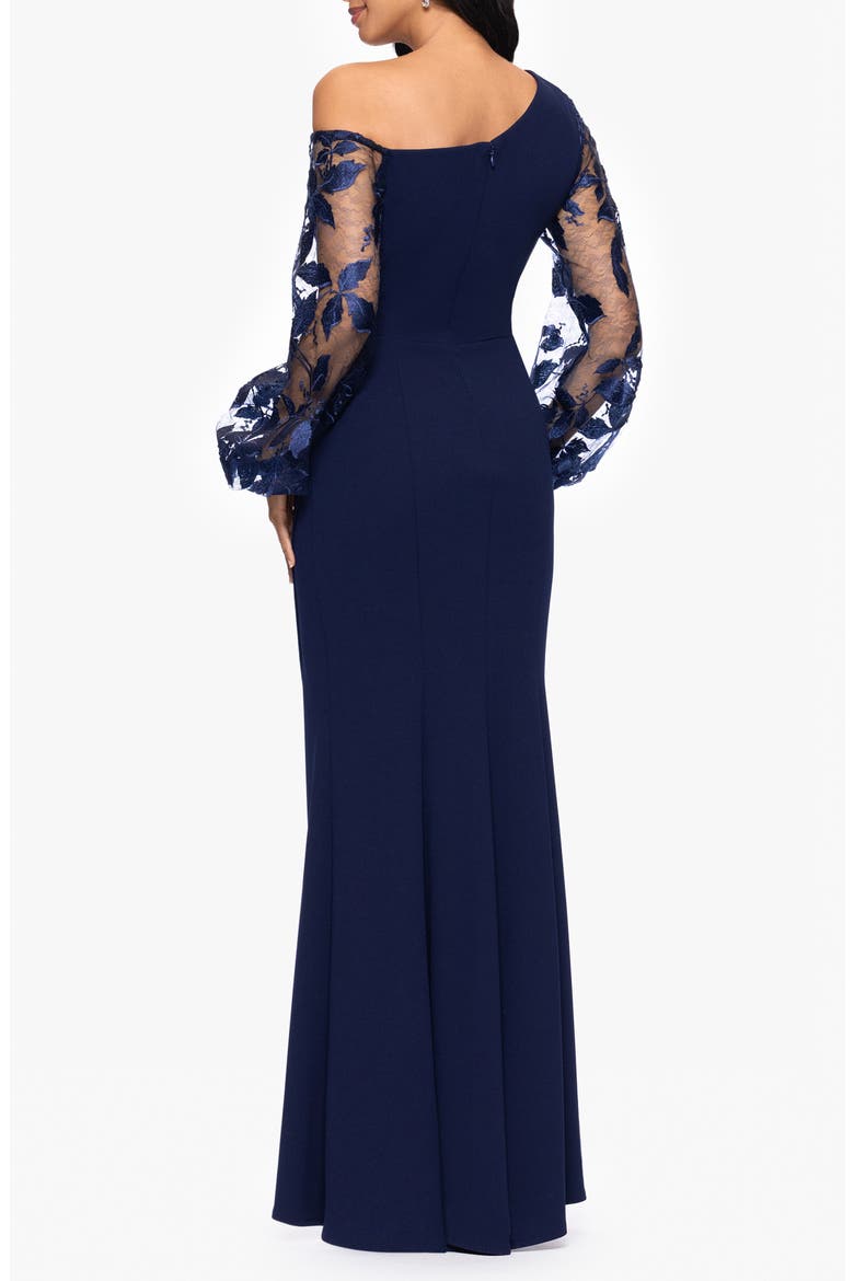 One Shoulder Sheer Embroidered Long Sleeve Sheath Gown, Alternate, color, NAVY